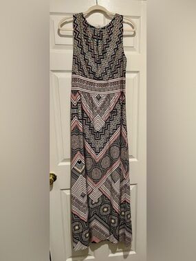London Times Sleeveless Geo Print Maxi Dress in Navy & Pink (Women’s Size 14)